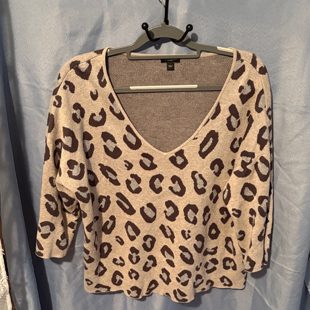 Ann Taylor Factory Leopard Print Sweater - Gray and Cream